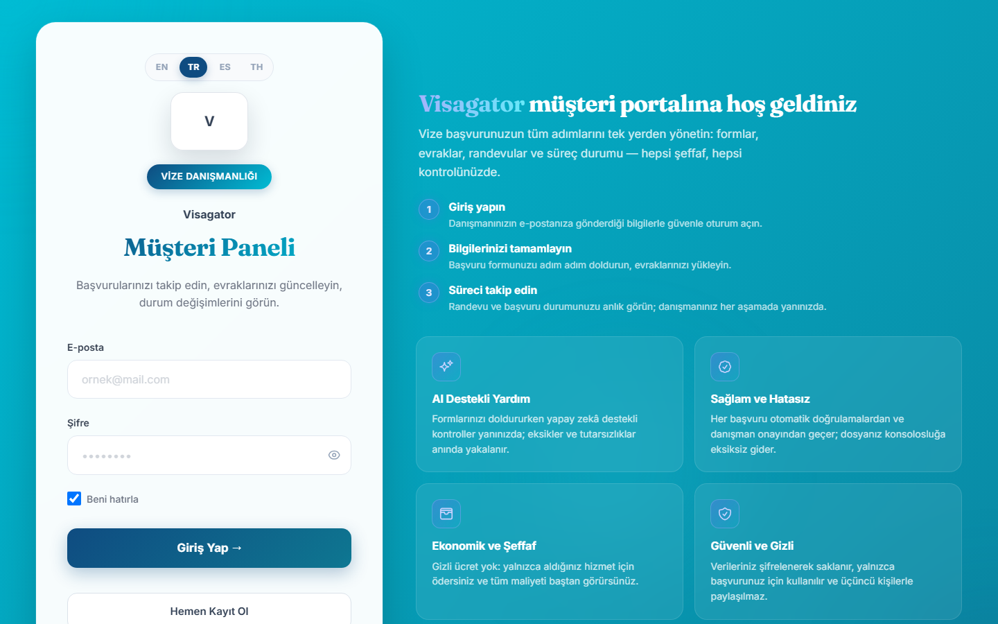 Visagator müşteri portalı — canlı ekran görüntüsü
